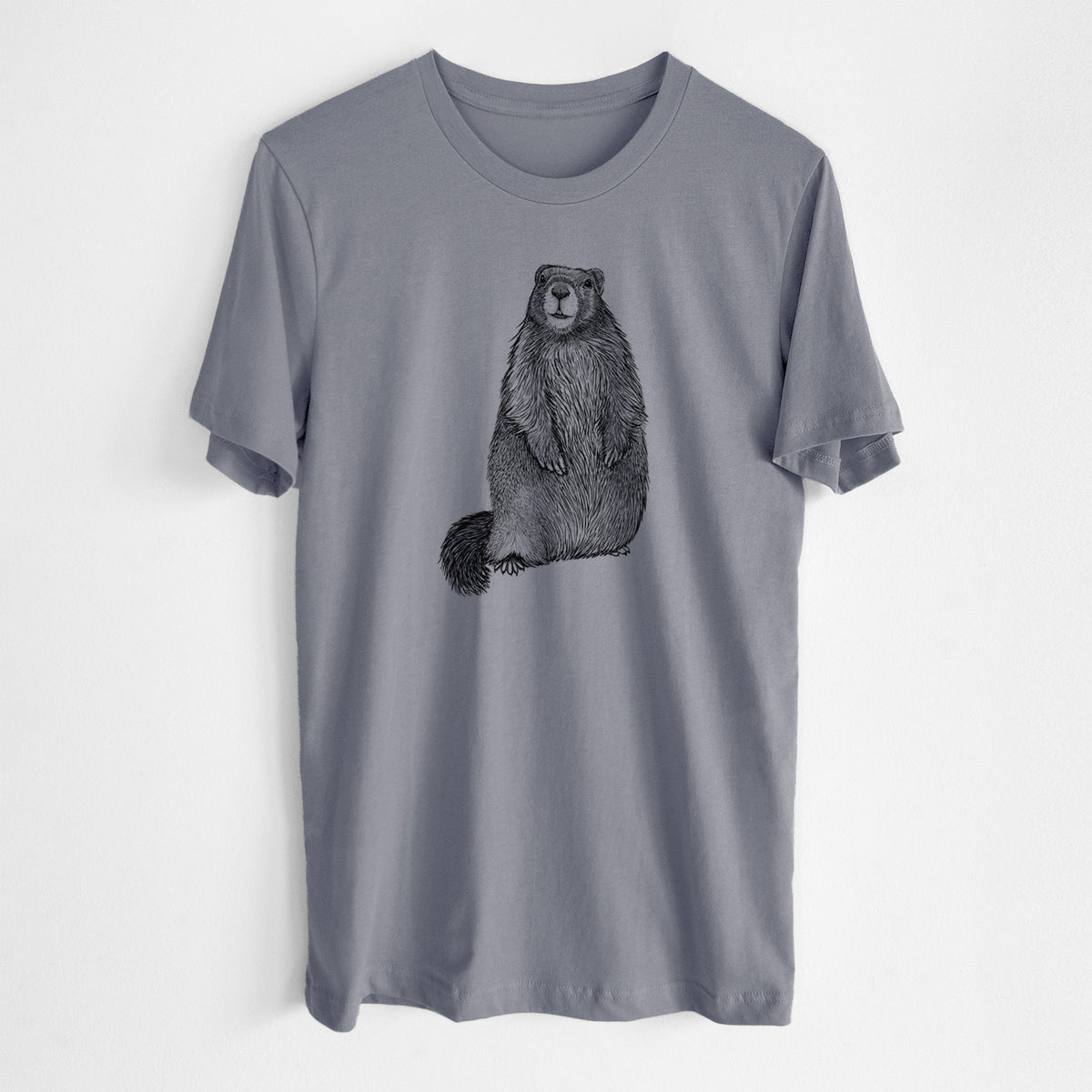 Storm grey lightweight cotton t-shirt laid flat, printed with a detailed black ink illustration of a marmot standing upright.