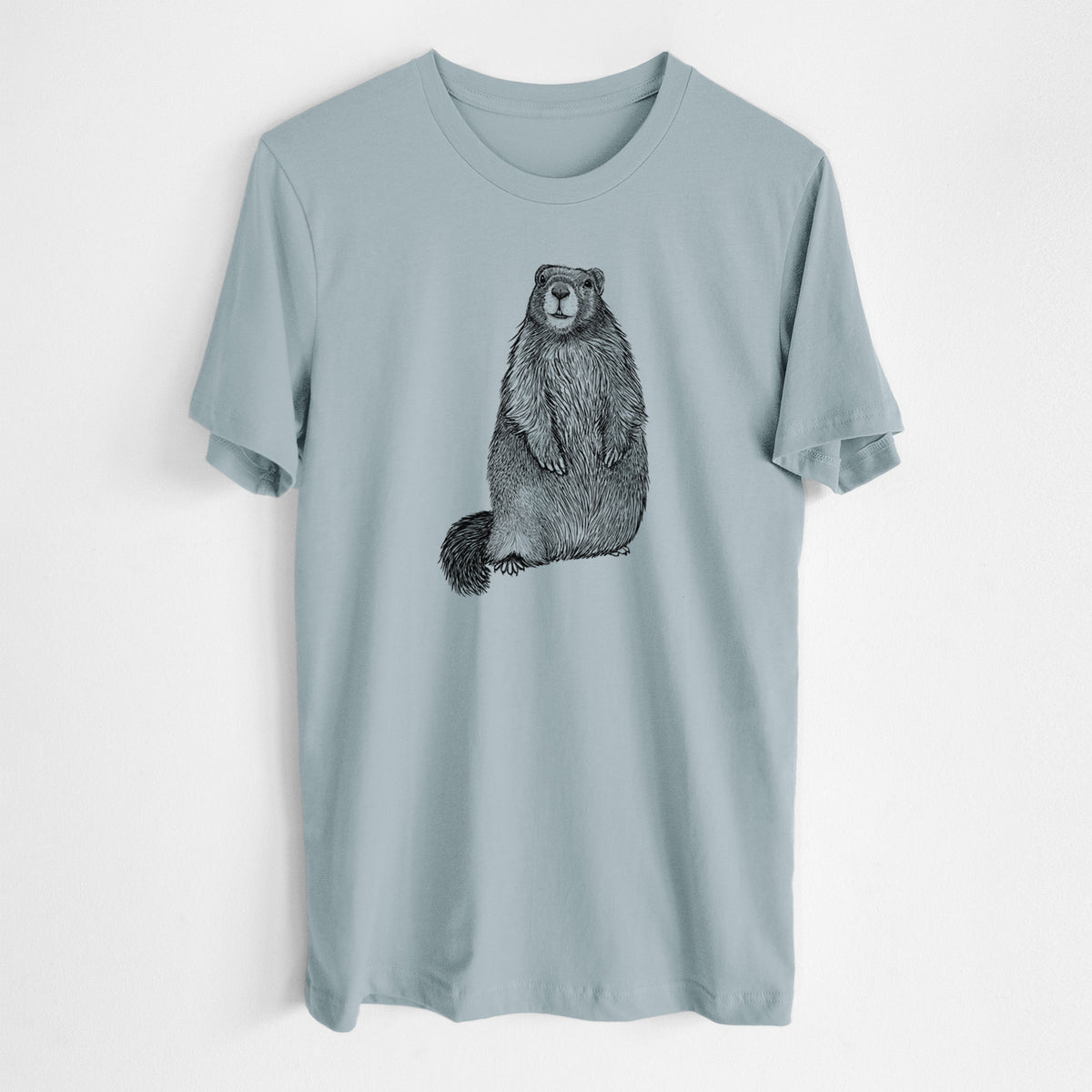 Vintage denim lightweight cotton t-shirt laid flat, printed with a detailed black ink illustration of a marmot standing upright.