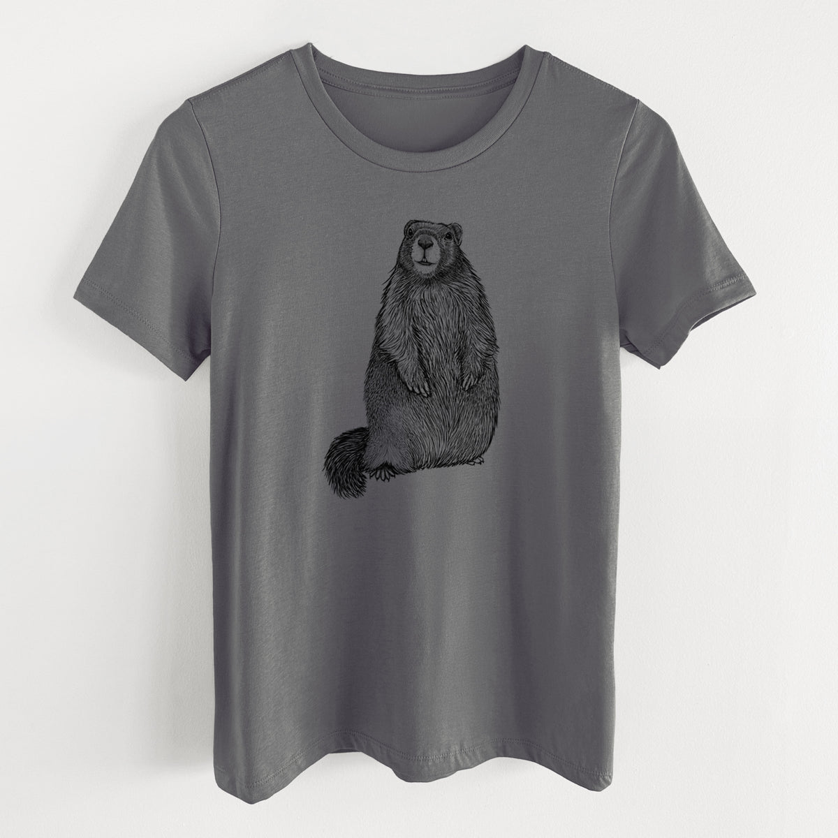 Asphalt women's relaxed fit cotton t-shirt laid flat, printed with a detailed black ink illustration of a marmot standing upright.
