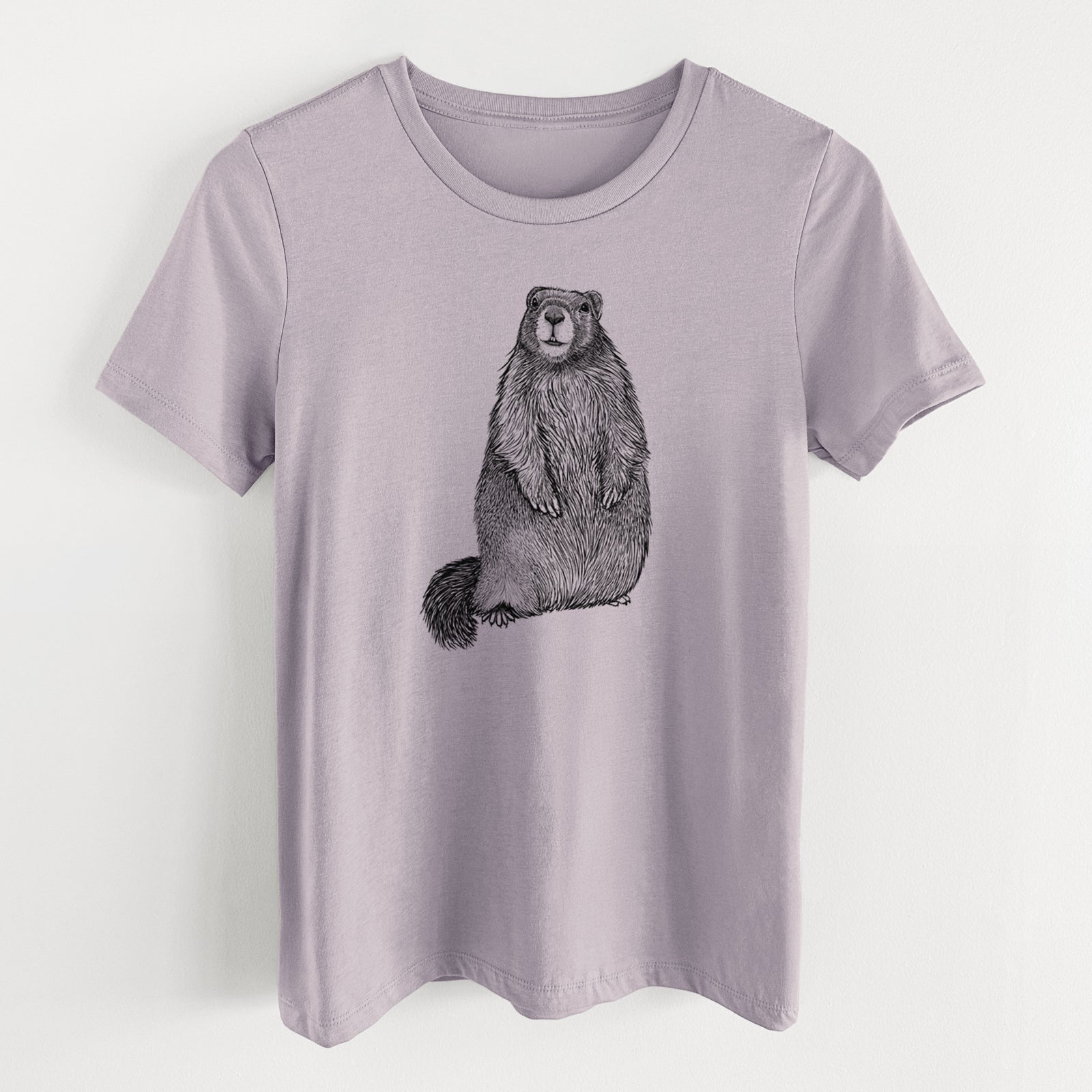 Light violet women's relaxed fit cotton t-shirt laid flat, printed with a detailed black ink illustration of a marmot standing upright.