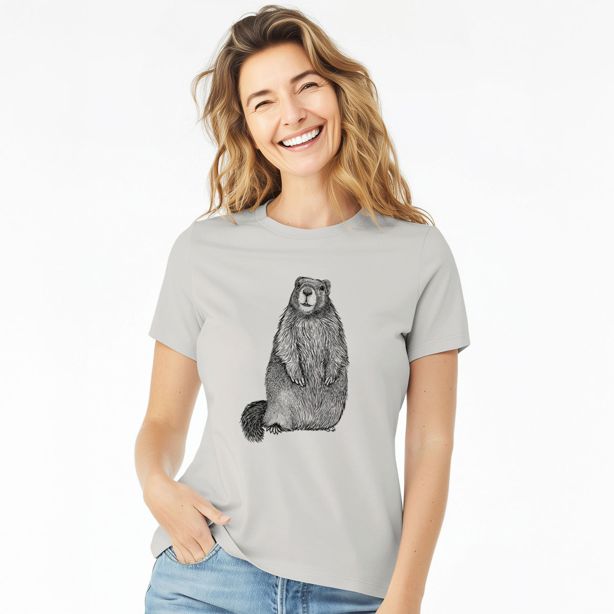 Woman wearing a lunar grey women's relaxed fit cotton t-shirt printed with a detailed black ink illustration of a marmot standing upright.
