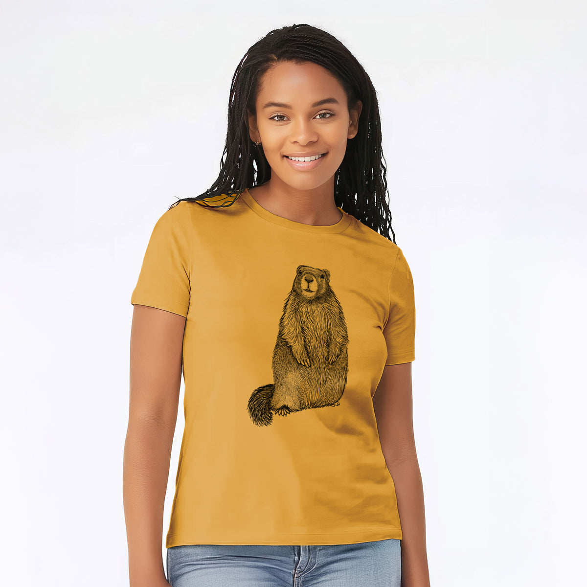 Woman wearing a mustard yellow women's relaxed fit cotton t-shirt printed with a detailed black ink illustration of a marmot standing upright.