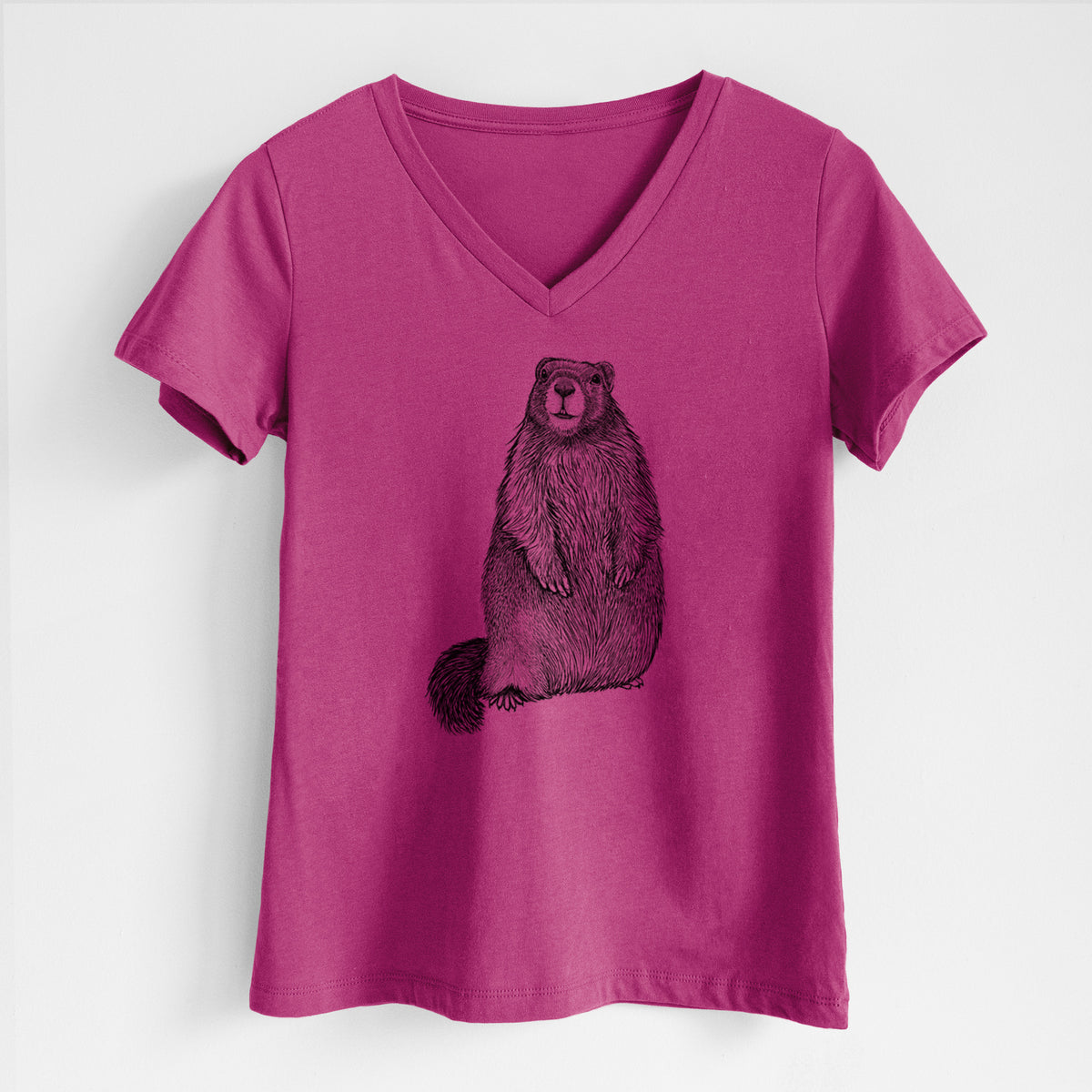 Berry pink women's relaxed fit cotton V-neck t-shirt laid flat, printed with a detailed black ink illustration of a marmot standing upright.