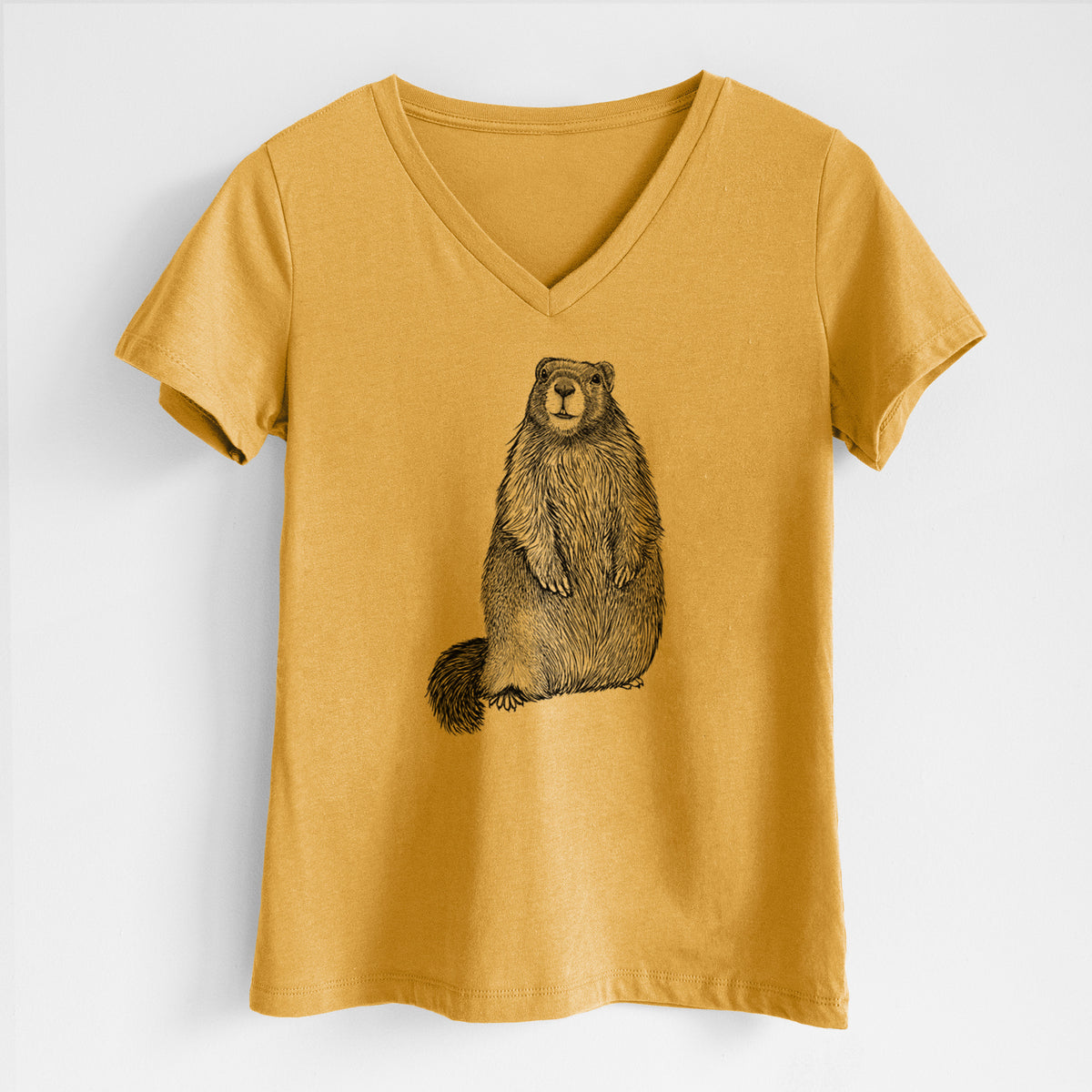 Honeycomb yellow women's relaxed fit cotton V-neck t-shirt laid flat, printed with a detailed black ink illustration of a marmot standing upright.