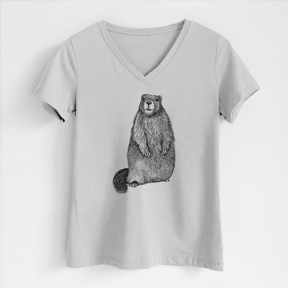 Lunar grey women's relaxed fit cotton V-neck t-shirt laid flat, printed with a detailed black ink illustration of a marmot standing upright.
