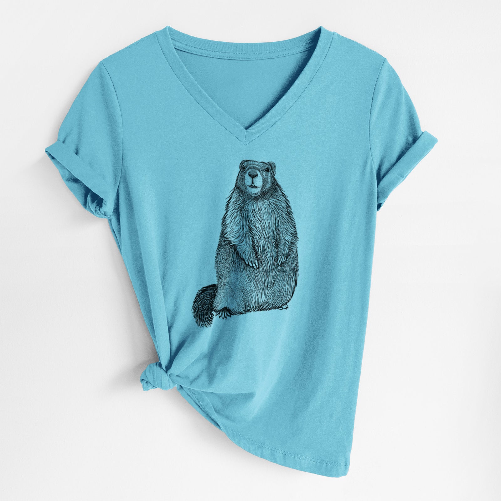 Turquoise women's relaxed fit cotton V-neck t-shirt laid flat, printed with a detailed black ink illustration of a marmot standing upright.