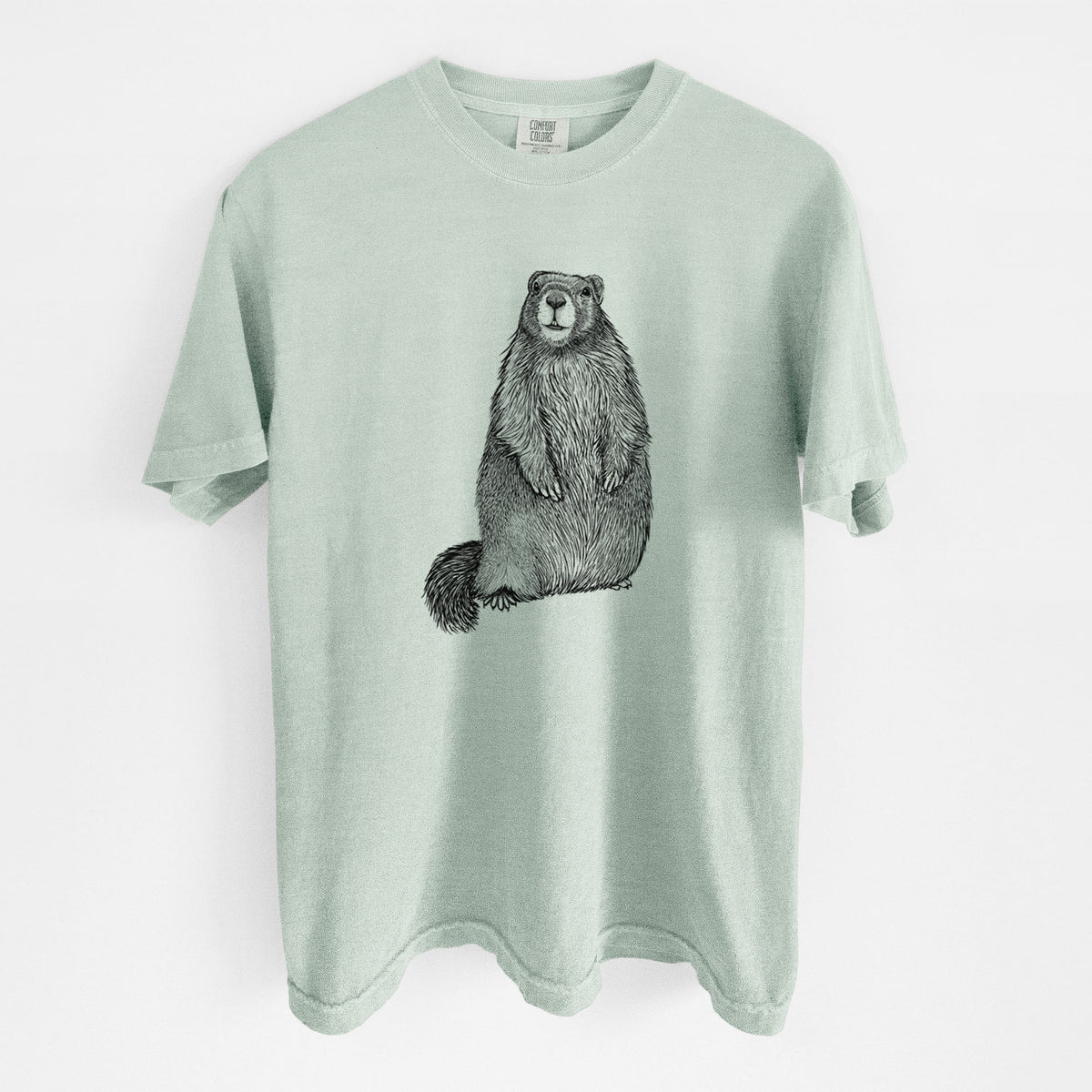 Bay green Comfort Colors t-shirt laid flat, printed with a detailed black ink illustration of a marmot standing upright.
