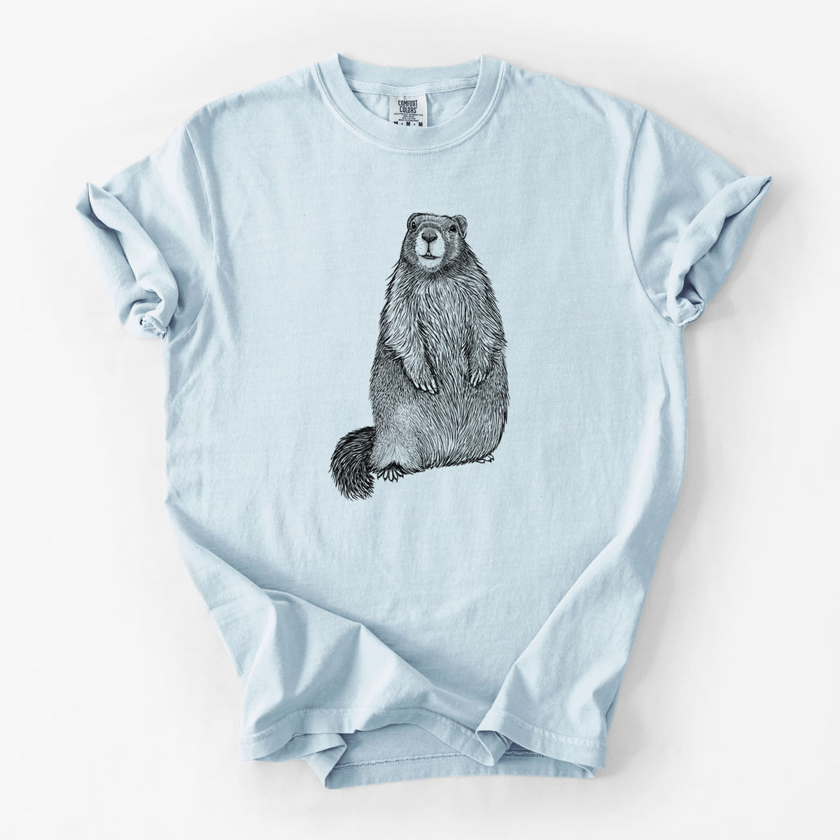 Chambray blue Comfort Colors t-shirt laid flat, printed with a detailed black ink illustration of a marmot standing upright.