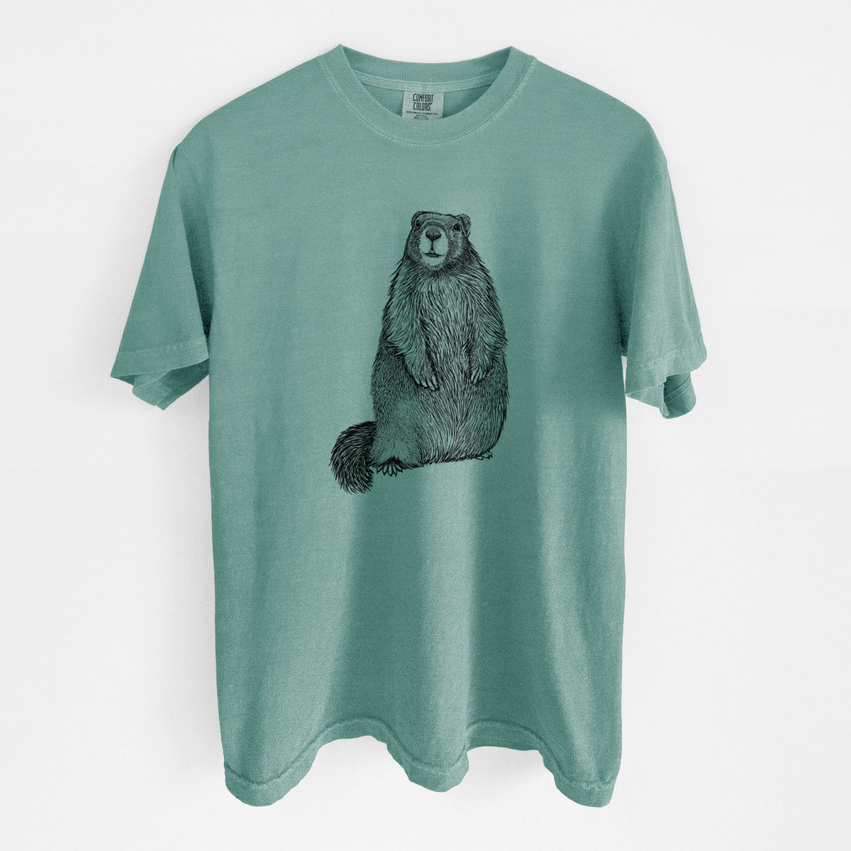 Reef green Comfort Colors t-shirt laid flat, printed with a detailed black ink illustration of a marmot standing upright.