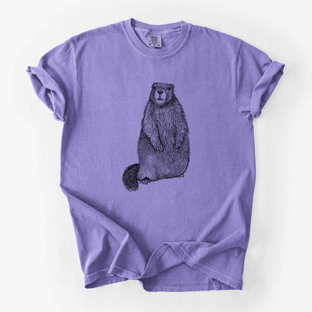 Violet purple Comfort Colors t-shirt laid flat, printed with a detailed black ink illustration of a marmot standing upright.