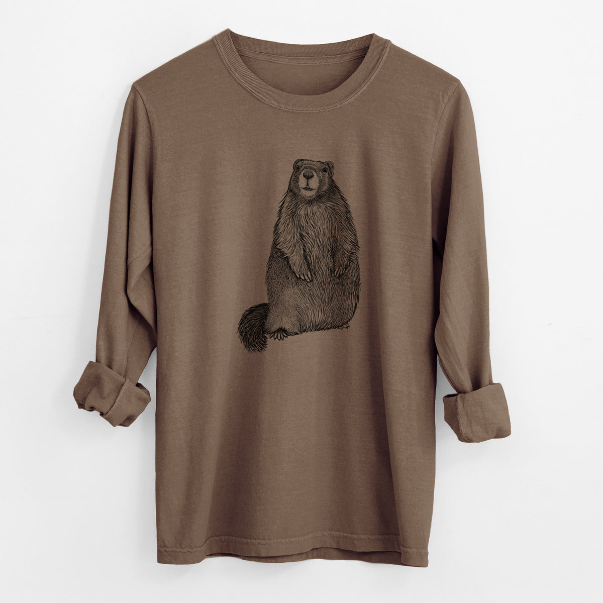 Espresso brown Comfort Colors long sleeve shirt laid flat with the cuffs rolled, printed with a detailed black ink illustration of a marmot standing upright.