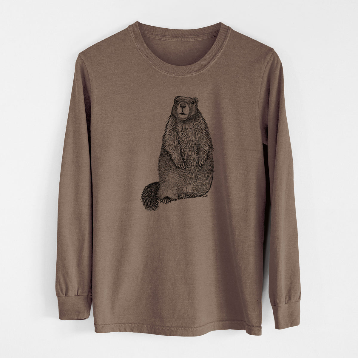 Espresso brown Comfort Colors long sleeve shirt laid flat, printed with a detailed black ink illustration of a marmot standing upright.