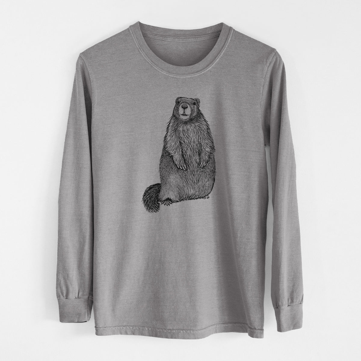 Grey Comfort Colors long sleeve shirt laid flat, printed with a detailed black ink illustration of a marmot standing upright.