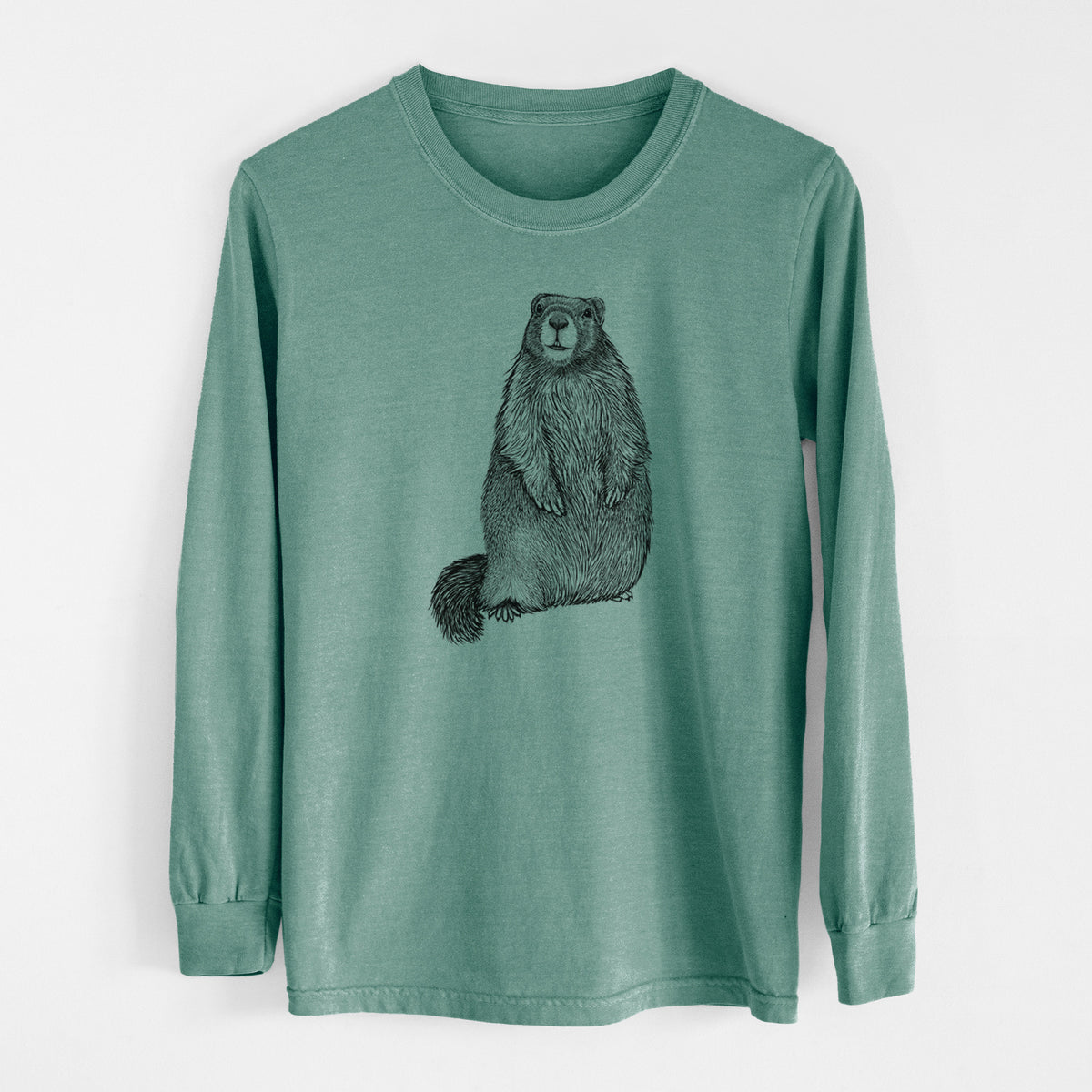 Pine green Comfort Colors long sleeve shirt laid flat, printed with a detailed black ink illustration of a marmot standing upright.