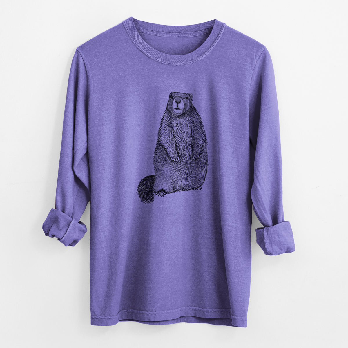 Violet purple Comfort Colors long sleeve shirt laid flat with the cuffs rolled, printed with a detailed black ink illustration of a marmot standing upright.