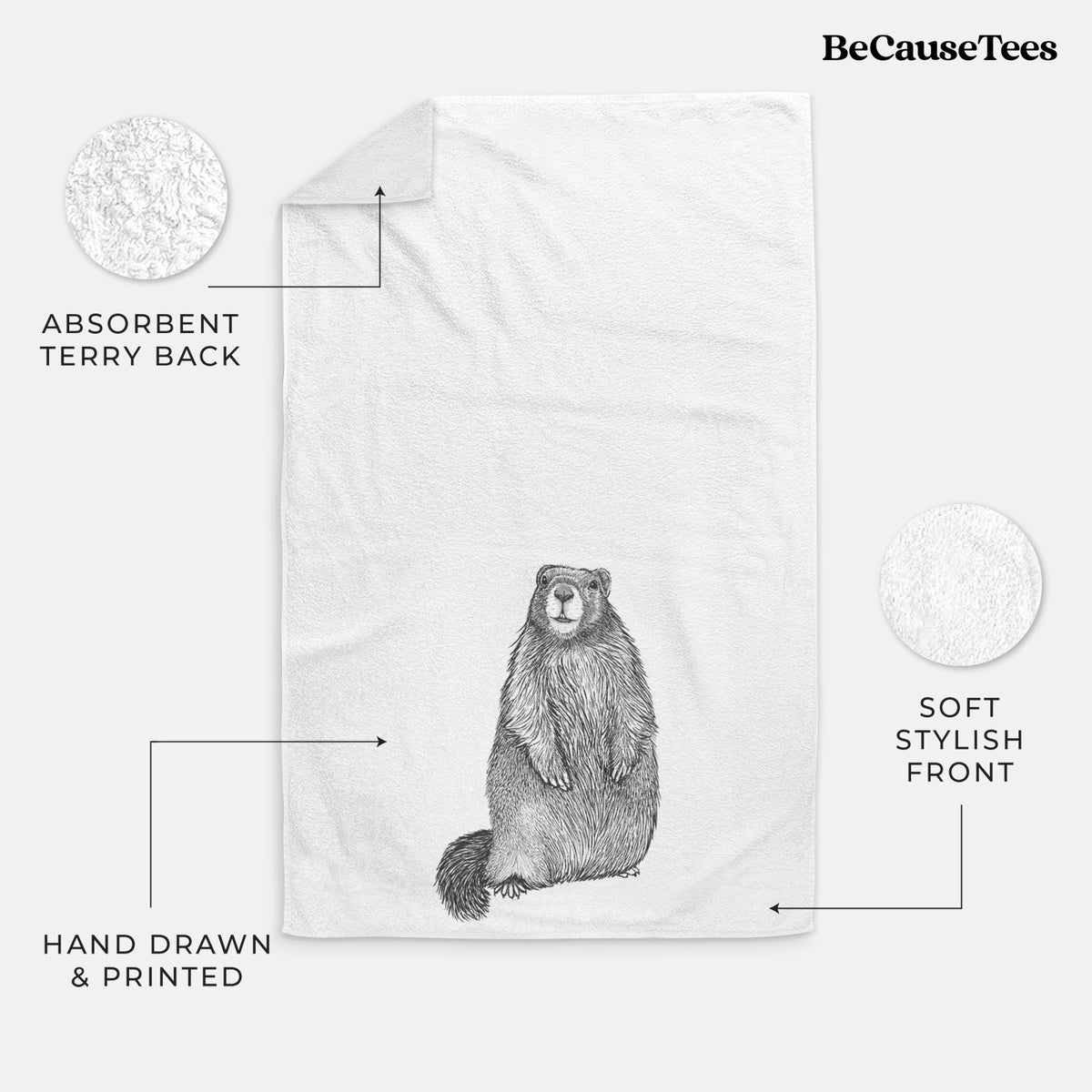 White hand towel printed with a detailed black ink illustration of a marmot standing upright.