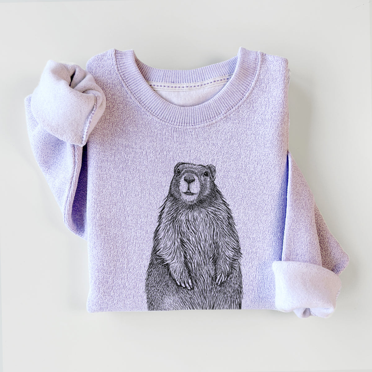 Ice purple knit sweatshirt printed with a detailed black ink illustration of a marmot standing upright, styled flat.