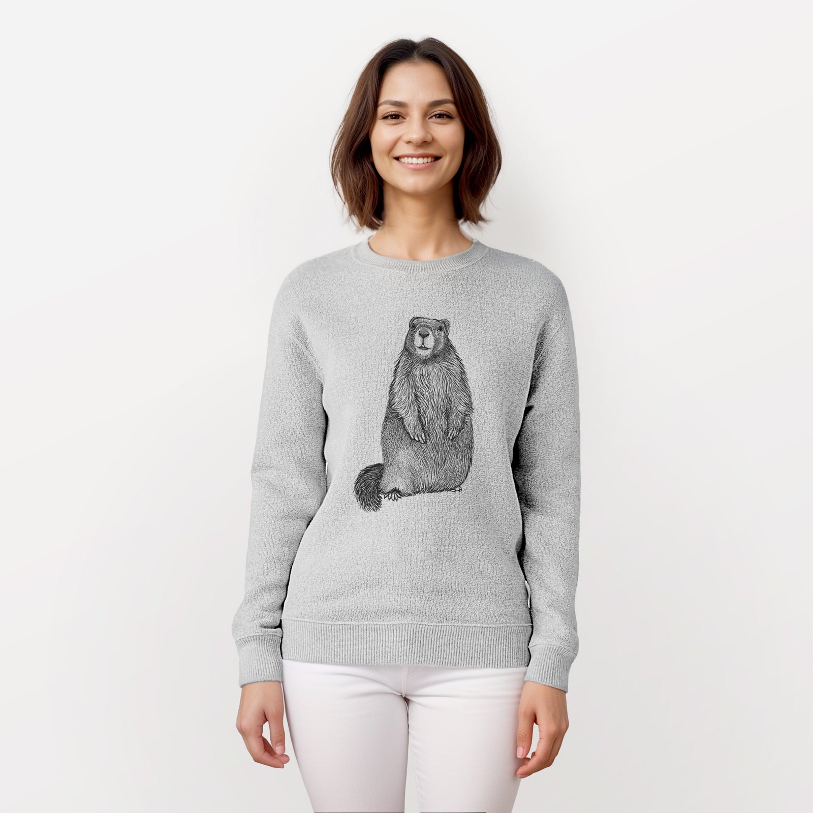 Salt and pepper knit sweatshirt laid flat, printed with a detailed black ink illustration of a marmot standing upright.