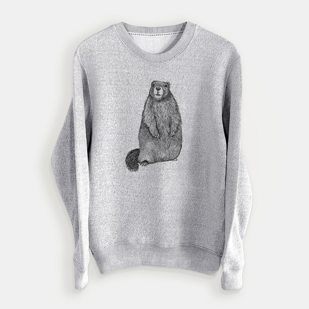 Salt and pepper knit sweatshirt laid flat, printed with a detailed black ink illustration of a marmot standing upright.