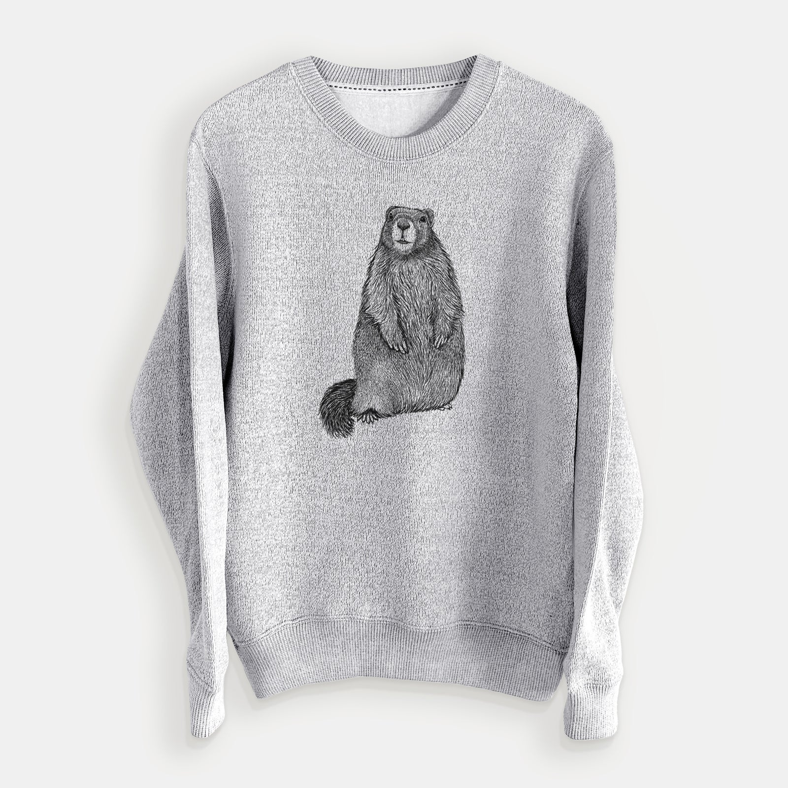 Salt and pepper knit sweatshirt laid flat, printed with a detailed black ink illustration of a marmot standing upright.