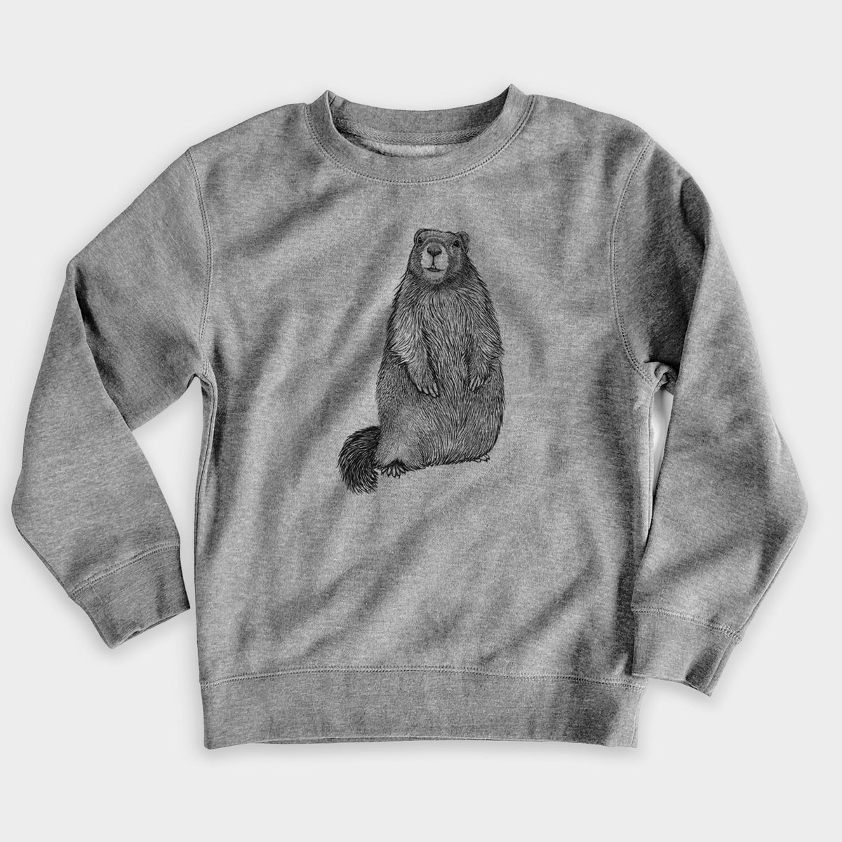 Nickel grey youth crewneck sweatshirt laid flat, printed with a detailed black ink illustration of a marmot standing upright.
