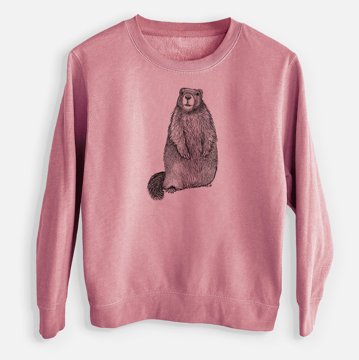 Mauve pink youth crewneck sweatshirt laid flat, printed with a detailed black ink illustration of a marmot standing upright.