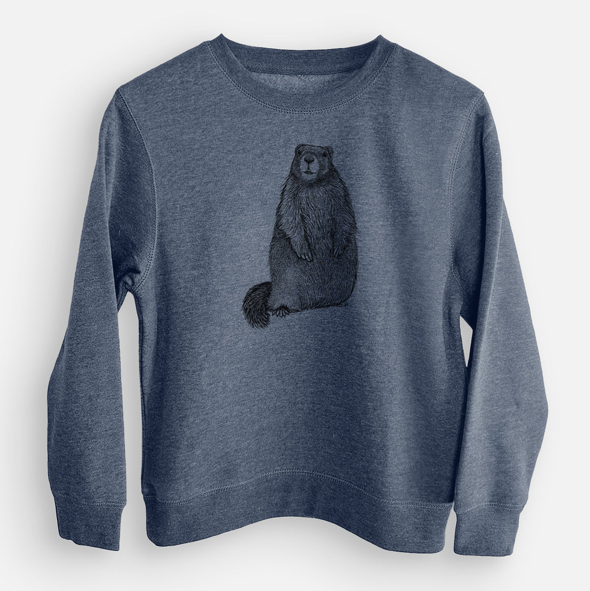 Storm blue youth crewneck sweatshirt laid flat, printed with a detailed black ink illustration of a marmot standing upright.