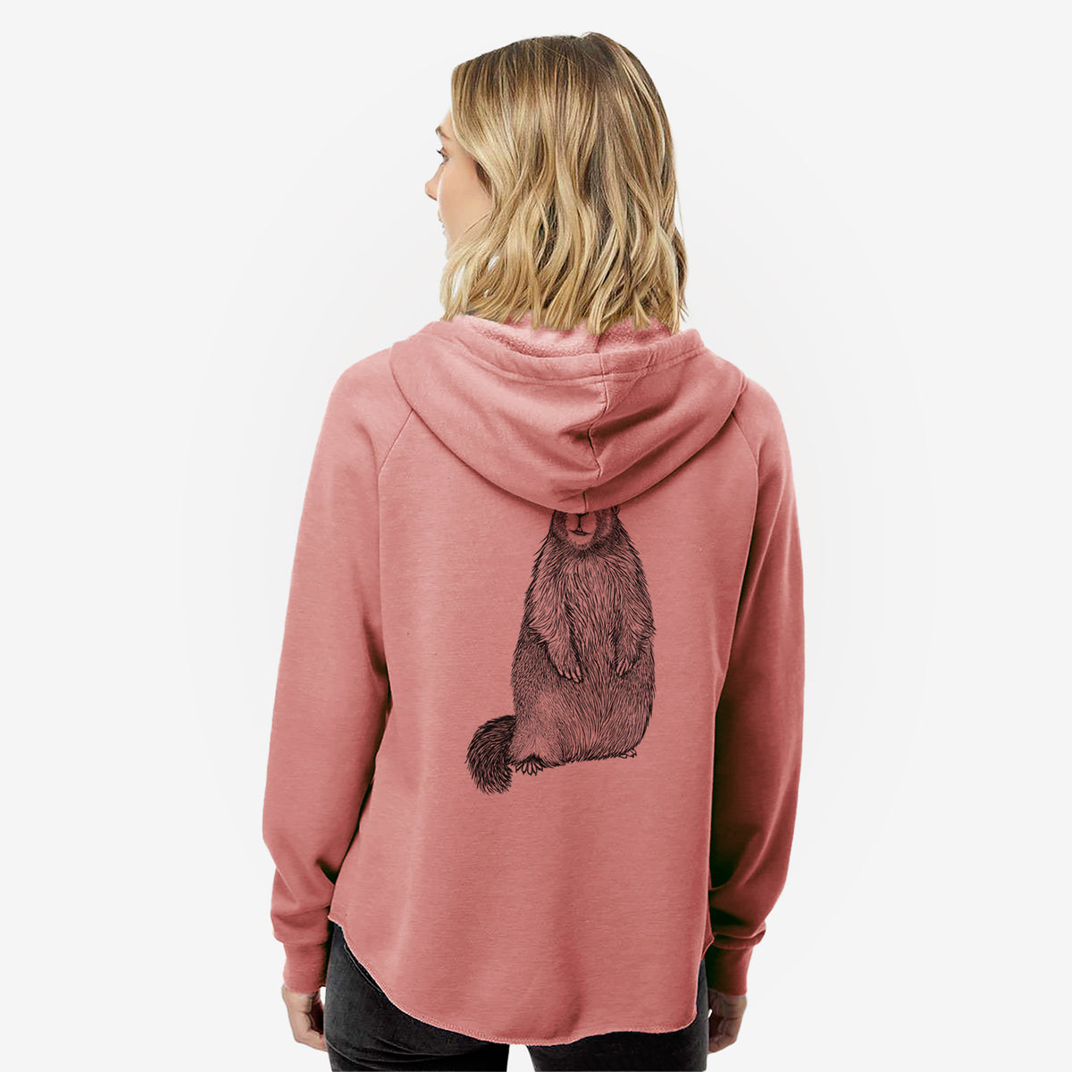 Woman wearing a dusty rose women's Cali Wave zip-up sweatshirt printed with a detailed black ink illustration of a marmot standing upright, seen from behind.