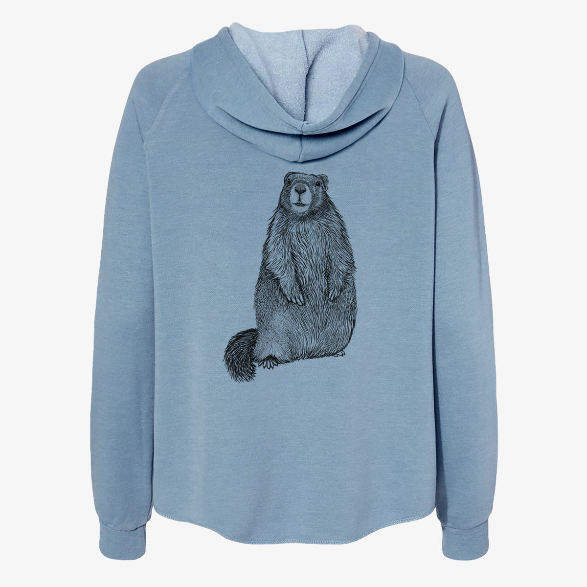 Misty blue women's Cali Wave zip-up sweatshirt laid flat, printed with a detailed black ink illustration of a marmot standing upright.
