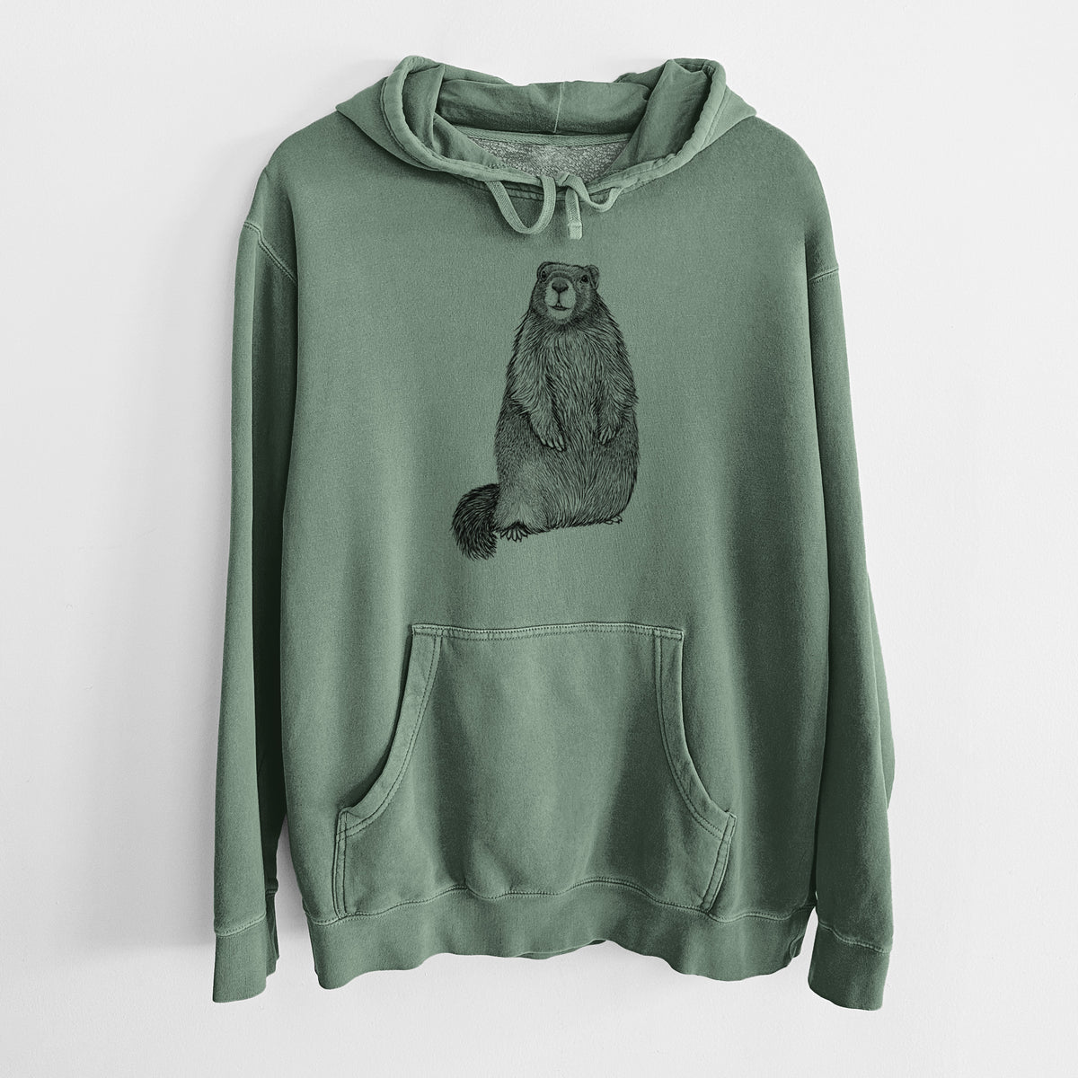 Alpine green pigment dyed hoodie laid flat, printed with a detailed black ink illustration of a marmot standing upright.