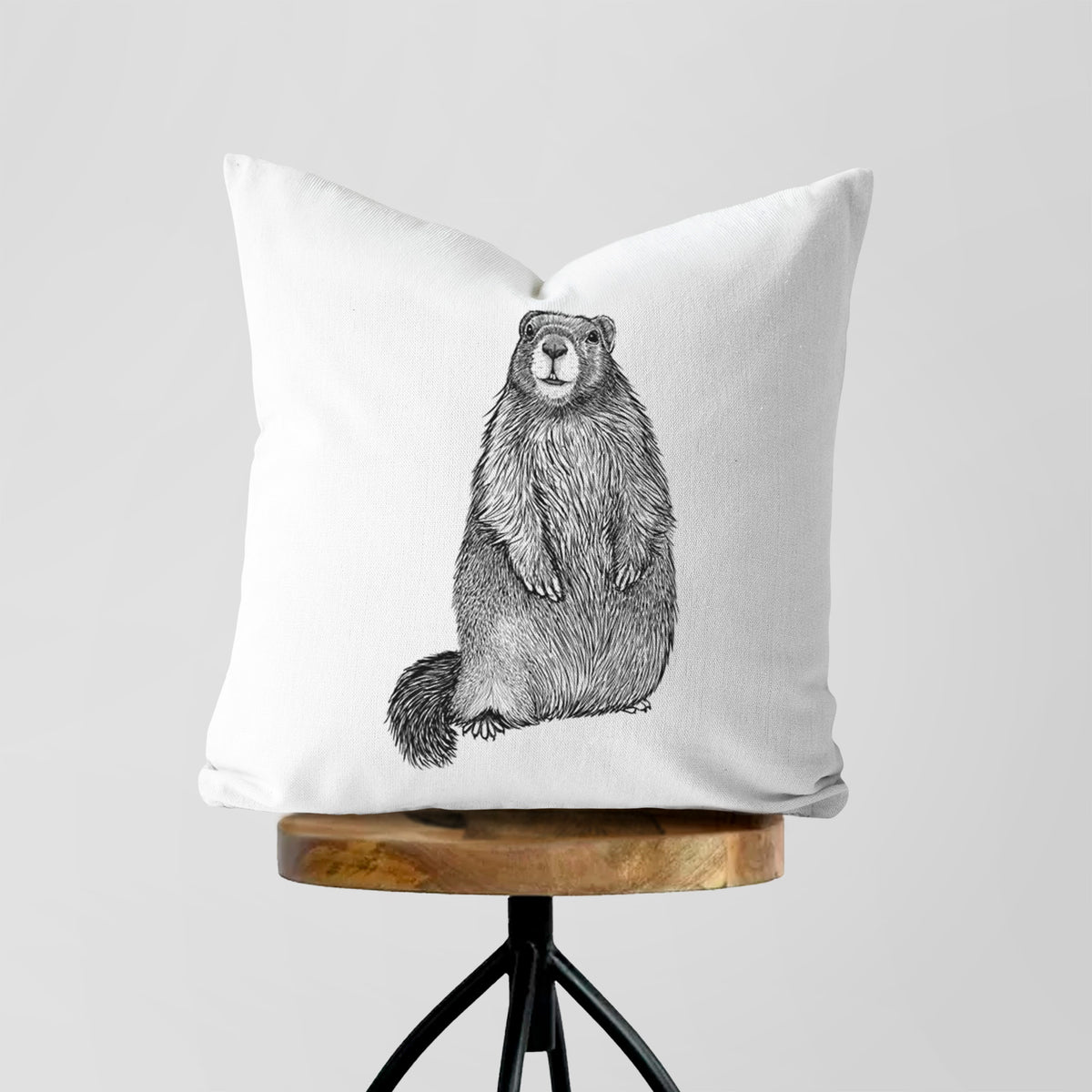 White pillow cover printed with a detailed black ink illustration of a marmot standing upright, on a wooden stool.