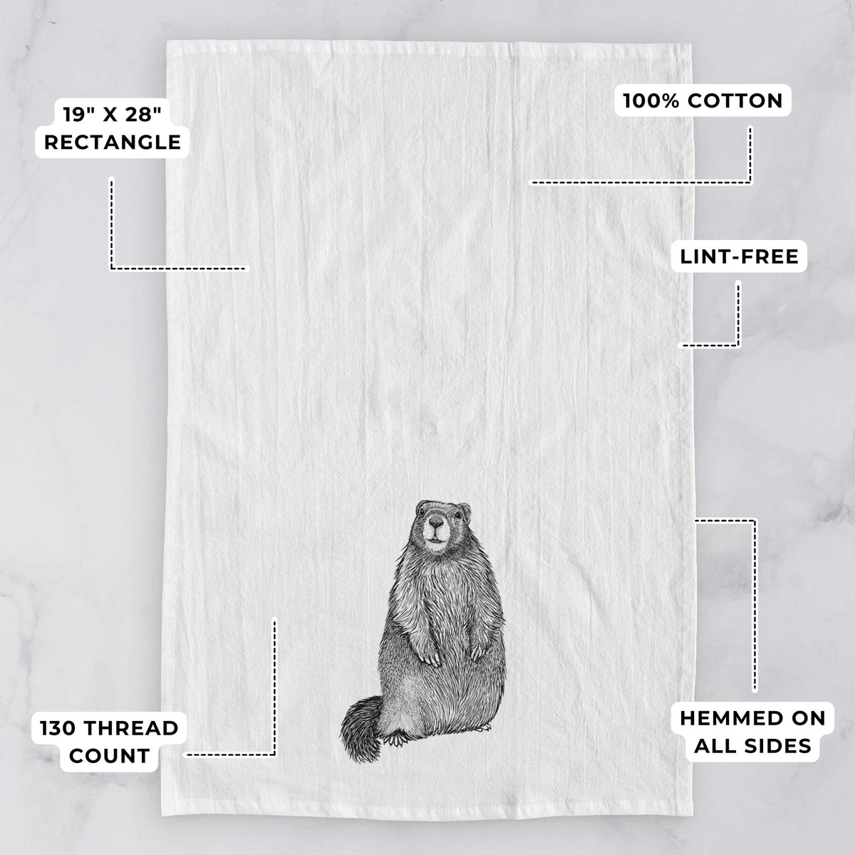 White tea towel printed with a detailed black ink illustration of a marmot standing upright, with feature labels: 19 by 28 inch rectangle, 100% cotton, lint-free, 130 thread count, hemmed on all sides.