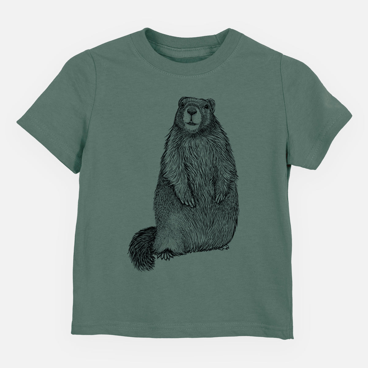 Basil green toddler t-shirt laid flat, printed with a detailed black ink illustration of a marmot standing upright.