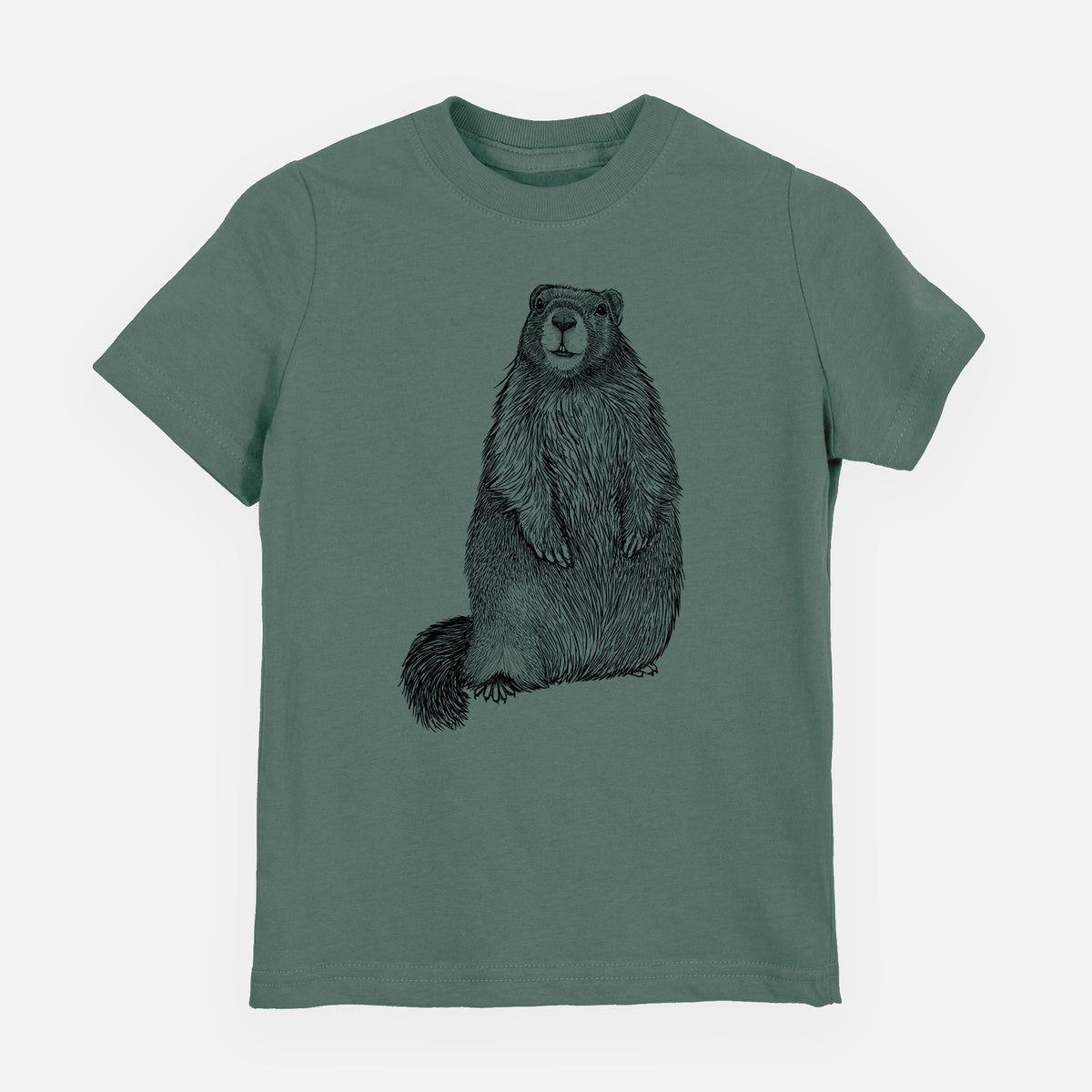 Basil green youth t-shirt laid flat, printed with a detailed black ink illustration of a marmot standing upright.