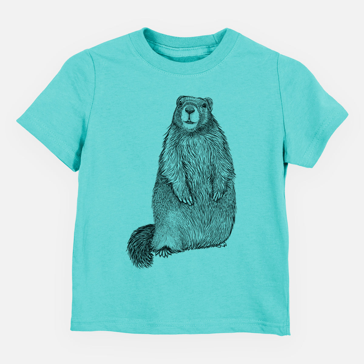 Caribbean blue toddler t-shirt laid flat, printed with a detailed black ink illustration of a marmot standing upright.