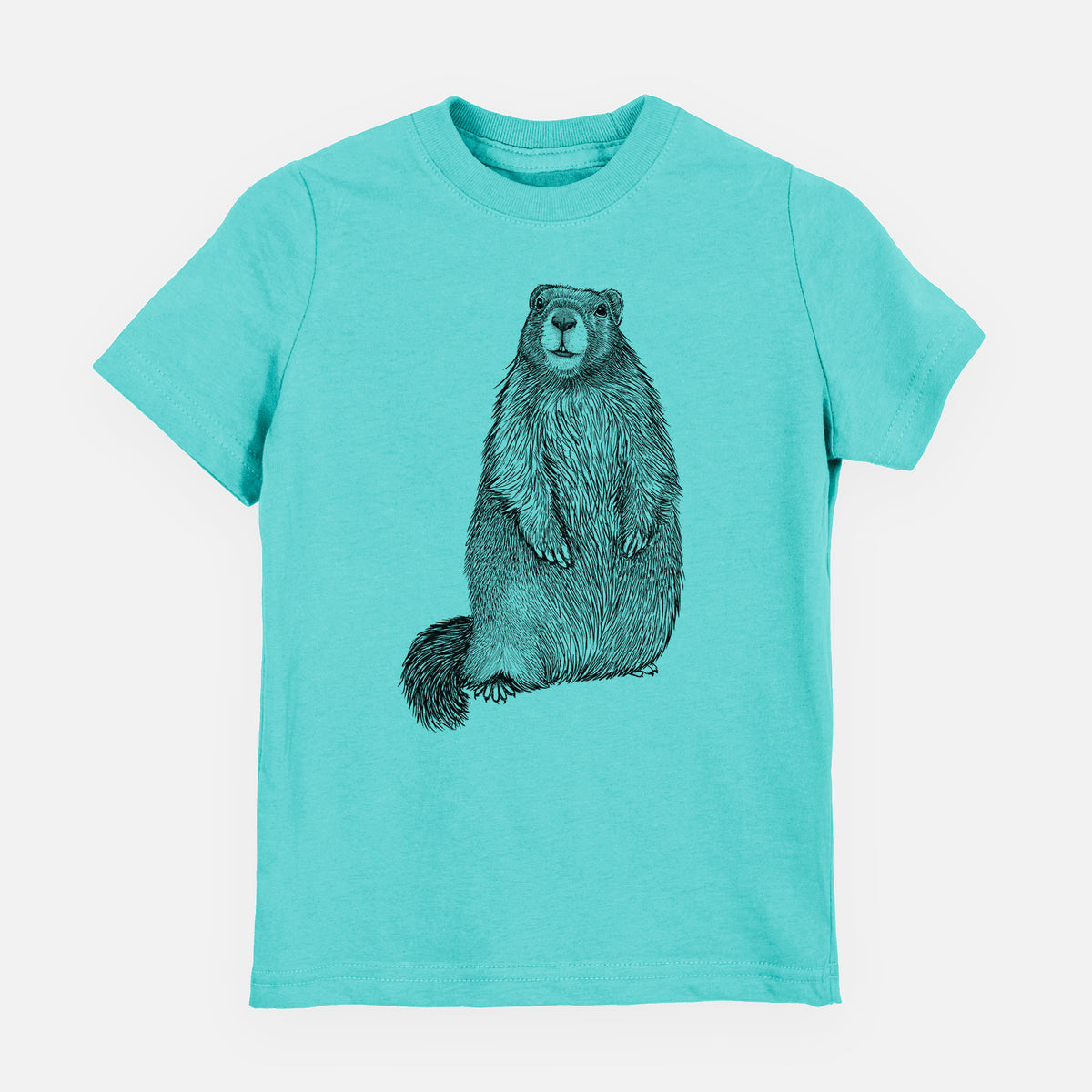 Caribbean blue youth t-shirt laid flat, printed with a detailed black ink illustration of a marmot standing upright.