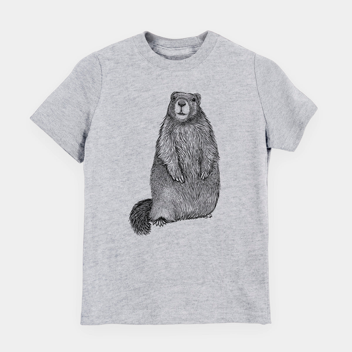 Heather grey youth t-shirt laid flat, printed with a detailed black ink illustration of a marmot standing upright.