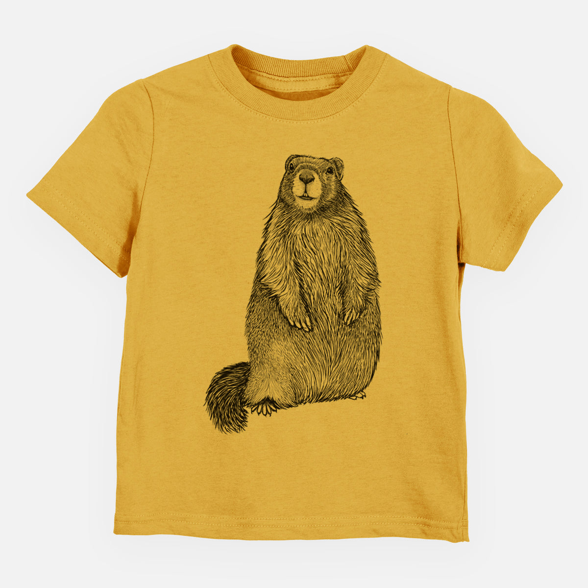 Honeycomb yellow toddler t-shirt laid flat, printed with a detailed black ink illustration of a marmot standing upright.