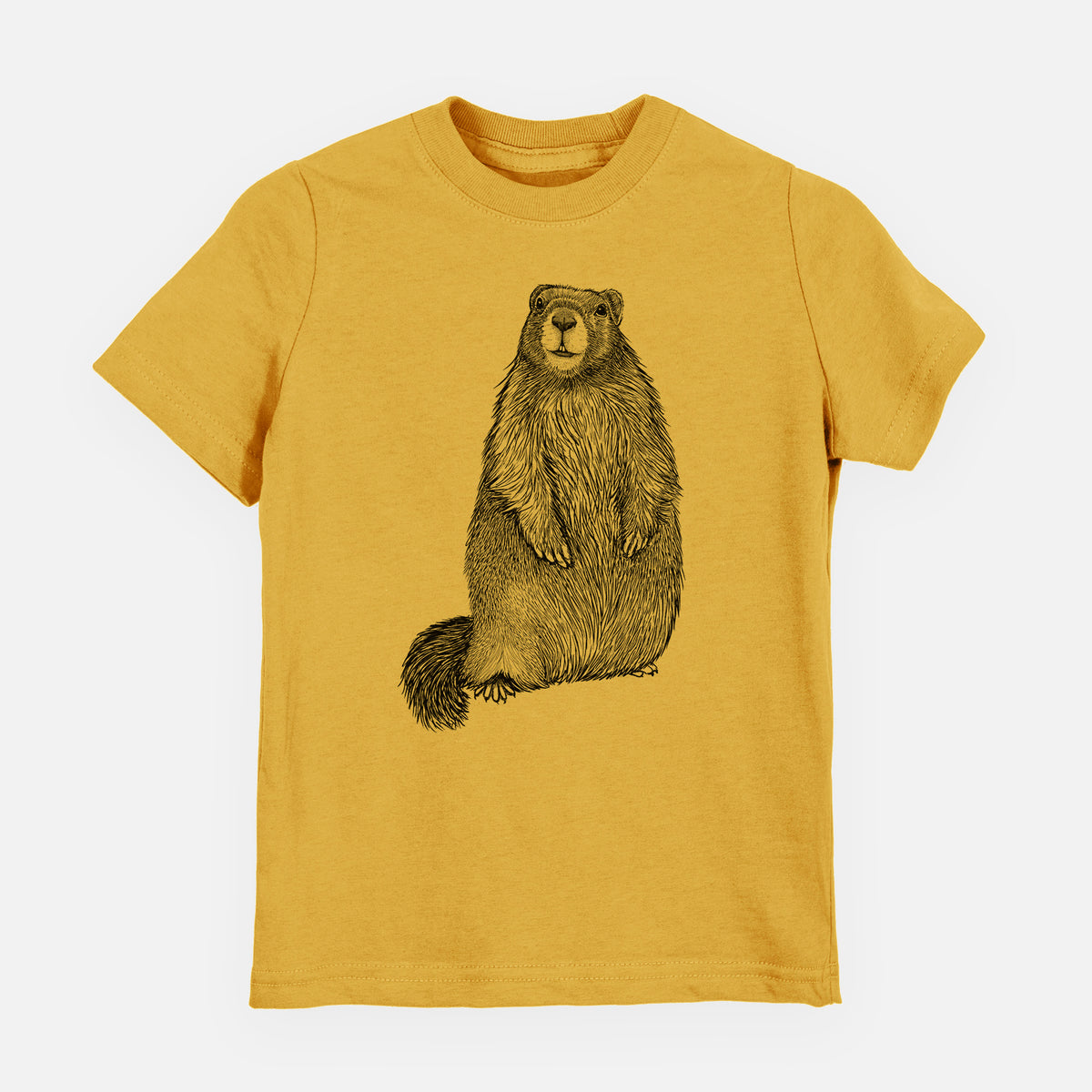 Honeycomb yellow youth t-shirt laid flat, printed with a detailed black ink illustration of a marmot standing upright.