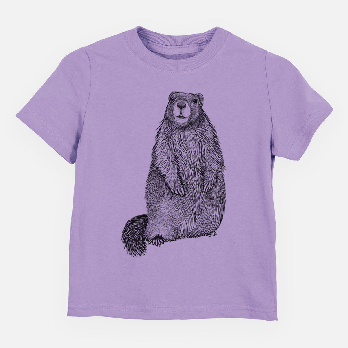 Lavender toddler t-shirt laid flat, printed with a detailed black ink illustration of a marmot standing upright.