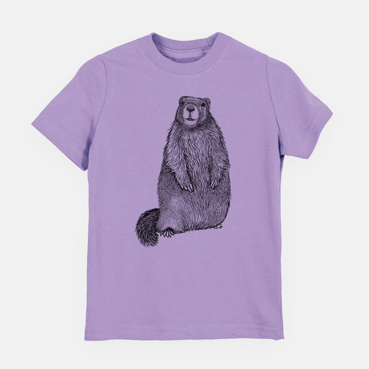 Lavender youth t-shirt laid flat, printed with a detailed black ink illustration of a marmot standing upright.