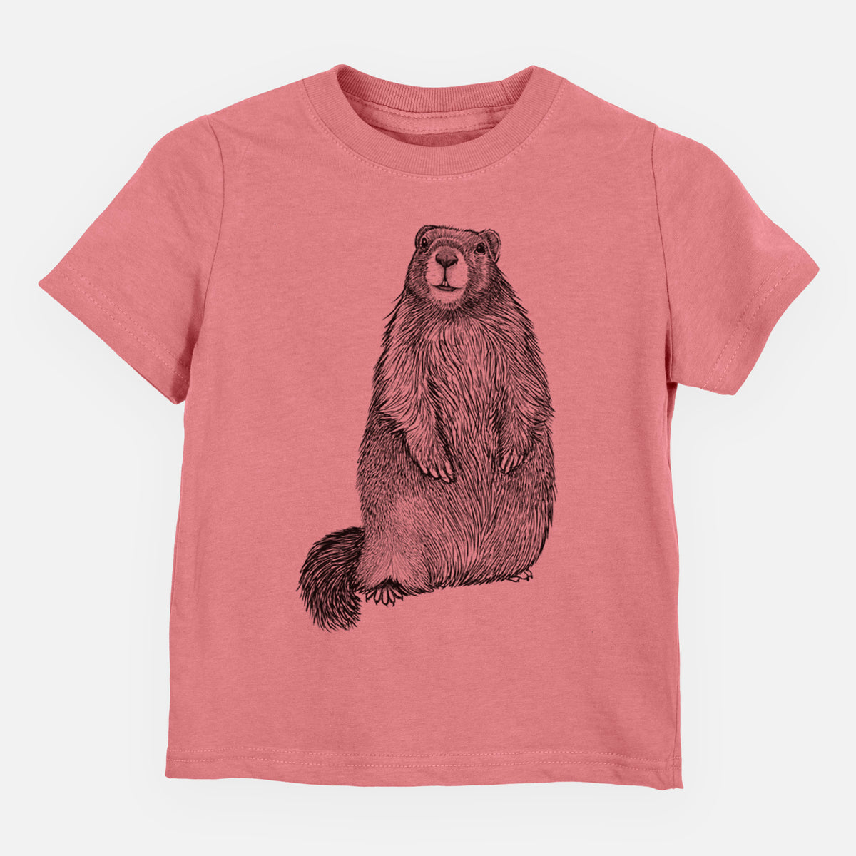 Mauve pink toddler t-shirt laid flat, printed with a detailed black ink illustration of a marmot standing upright.