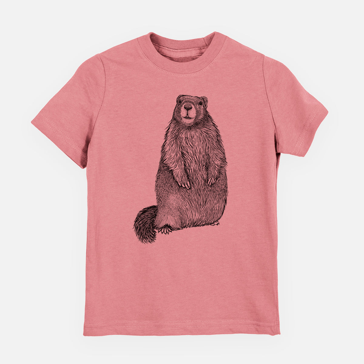 Mauve pink youth t-shirt laid flat, printed with a detailed black ink illustration of a marmot standing upright.