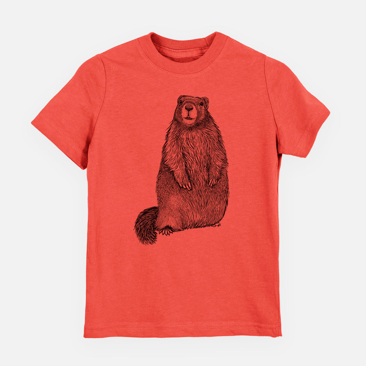 Passionfruit pink youth t-shirt laid flat, printed with a detailed black ink illustration of a marmot standing upright.