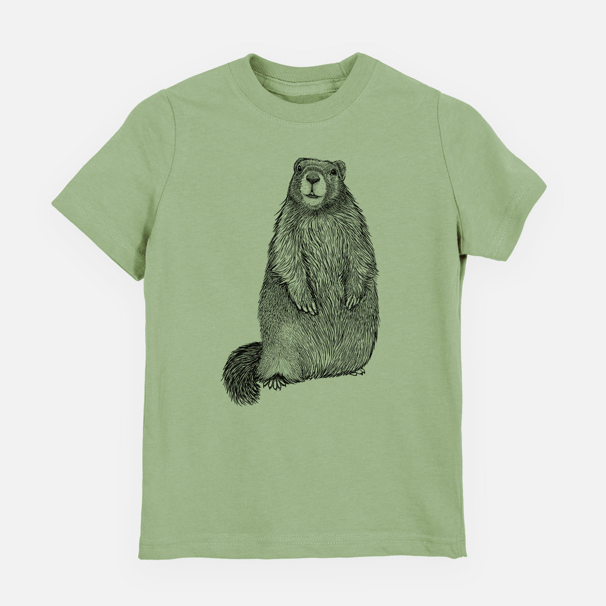 Sage green youth t-shirt laid flat, printed with a detailed black ink illustration of a marmot standing upright.