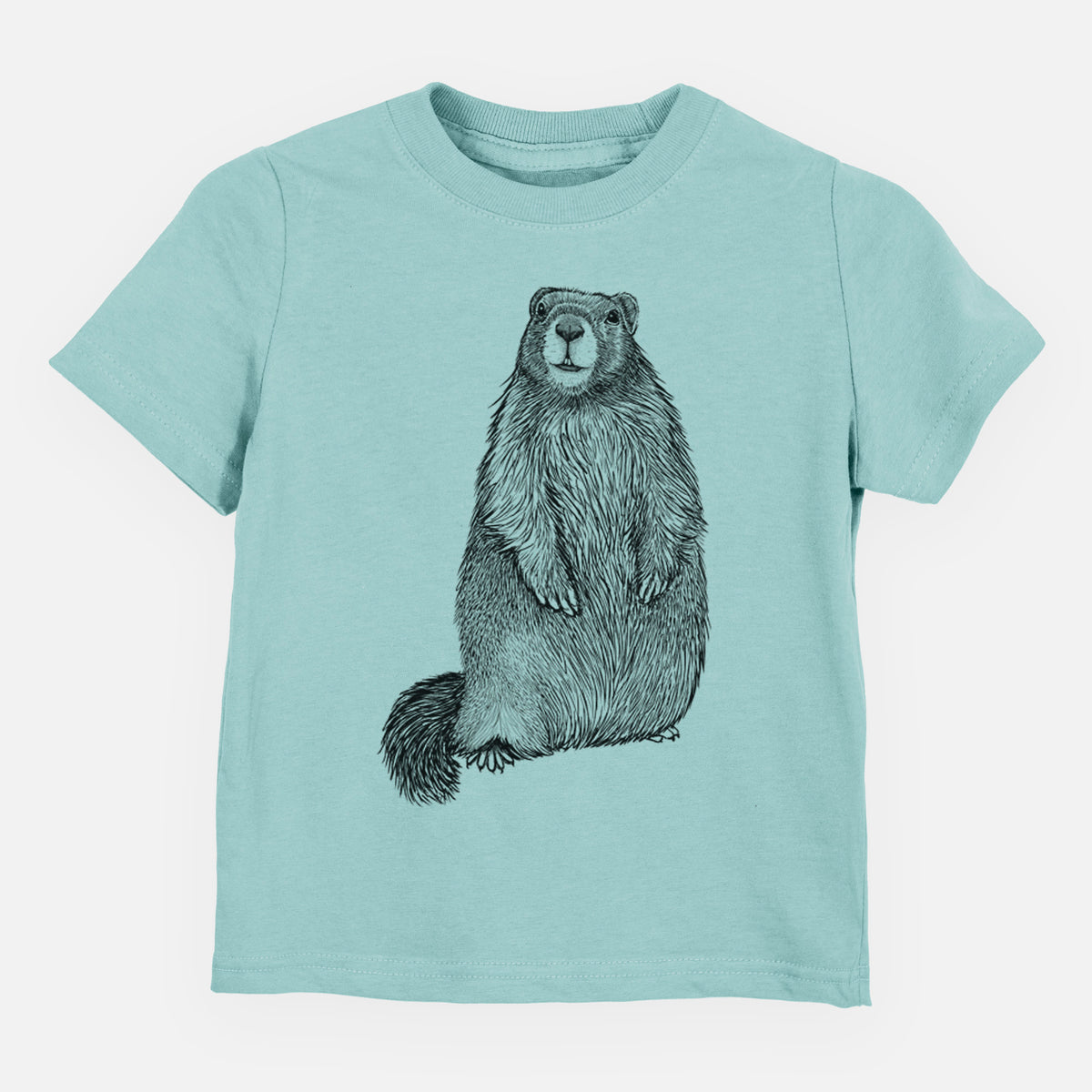 Saltwater toddler t-shirt laid flat, printed with a detailed black ink illustration of a marmot standing upright.