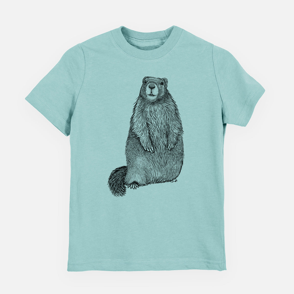 Saltwater youth t-shirt laid flat, printed with a detailed black ink illustration of a marmot standing upright.
