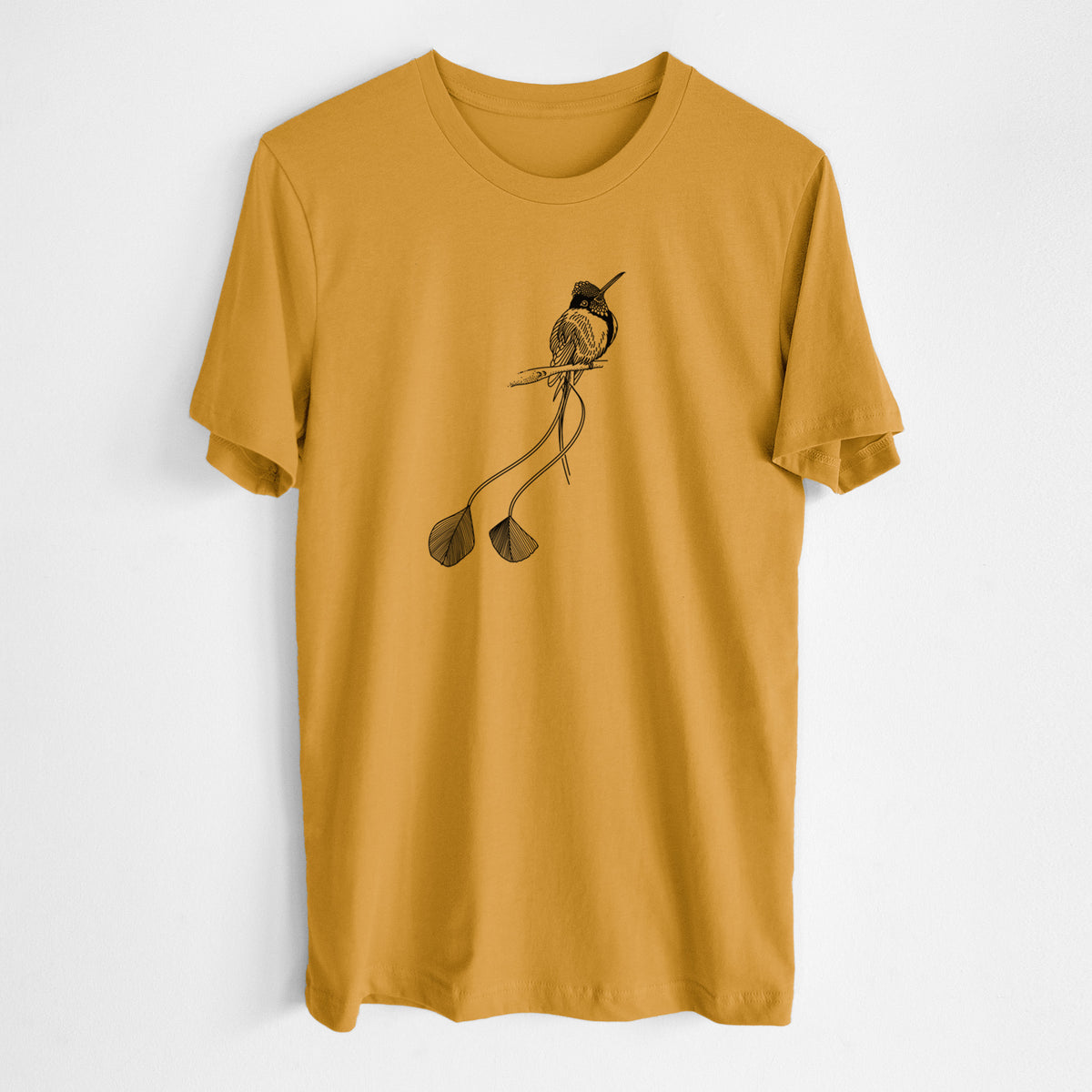 Honeycomb yellow lightweight cotton t-shirt laid flat, printed with a black ink illustration of a marvelous spatuletail hummingbird perched, with its two long racket-tipped tail feathers.