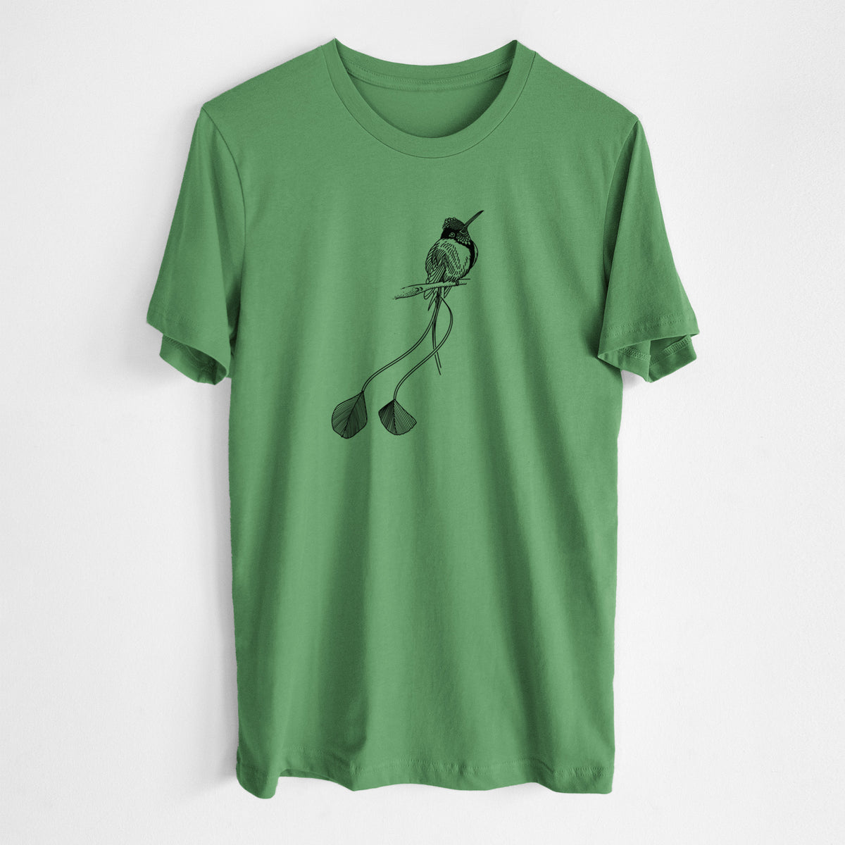 Leaf green lightweight cotton t-shirt laid flat, printed with a black ink illustration of a marvelous spatuletail hummingbird perched, with its two long racket-tipped tail feathers.