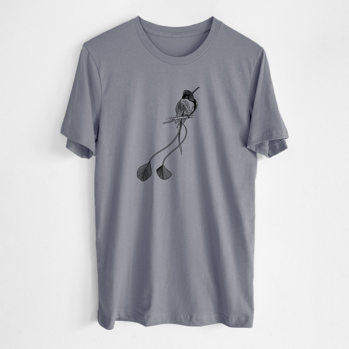 Storm grey lightweight cotton t-shirt laid flat, printed with a black ink illustration of a marvelous spatuletail hummingbird perched, with its two long racket-tipped tail feathers.